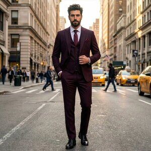 New 2026 Mens 3pc Pinstripe Burgundy Suit Set, Hybrid Fit